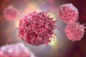 3D scientific illustration representing cancer cells, specifically malignant cells