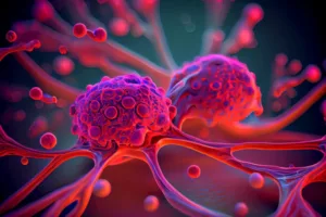 Malignant cancer cells depicted in a detailed 3D microscope illustration.