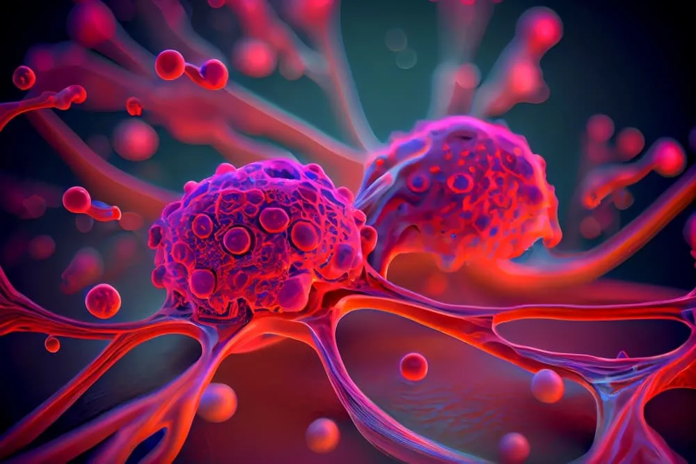 Malignant cancer cells depicted in a detailed 3D microscope illustration.